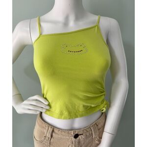 Vintage Y2k Lime Green Rhinestone Frog Baby Tee Tank Top size XS